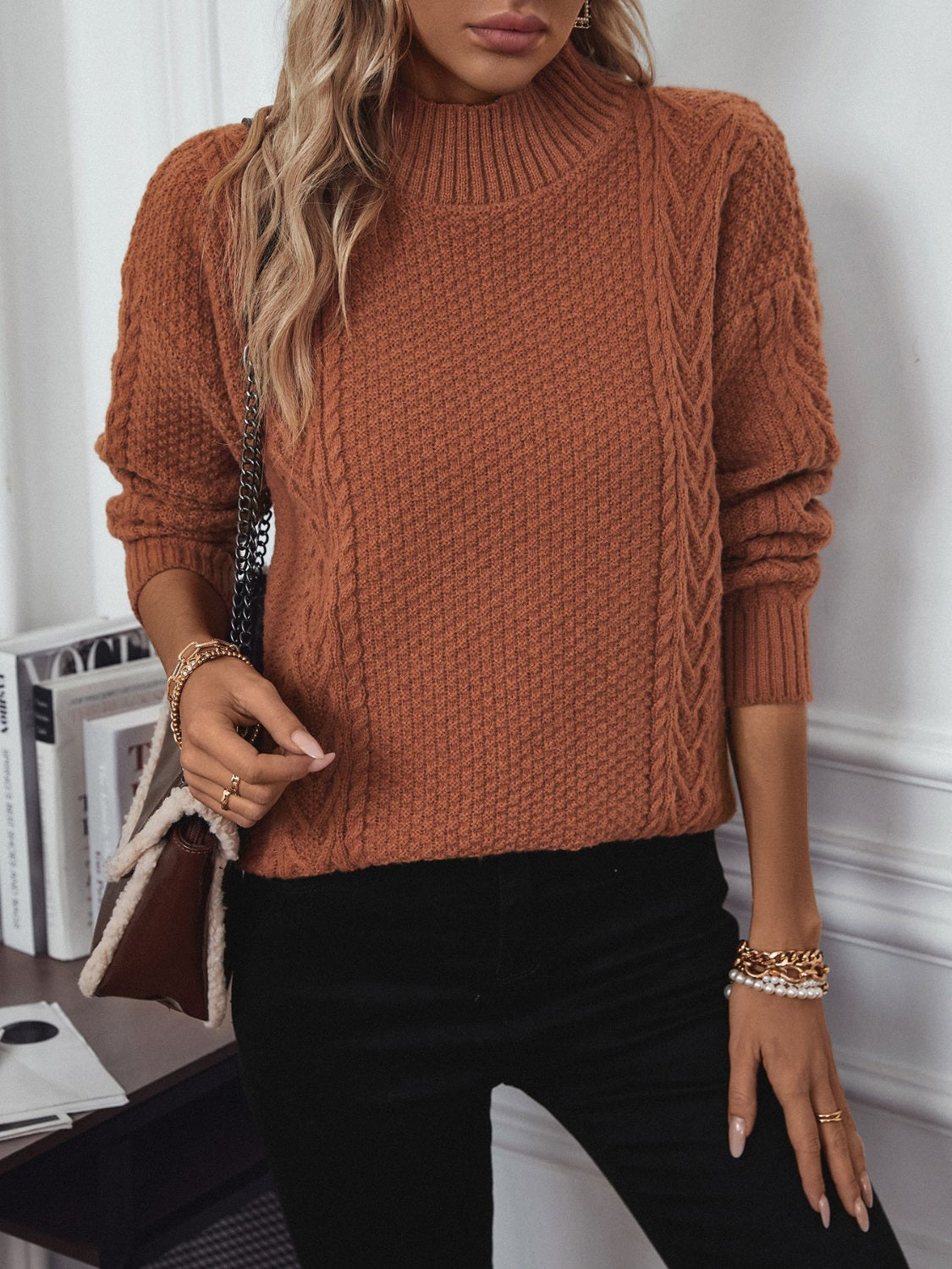 Cable-Knit Mock Neck Long Sleeve Sweater