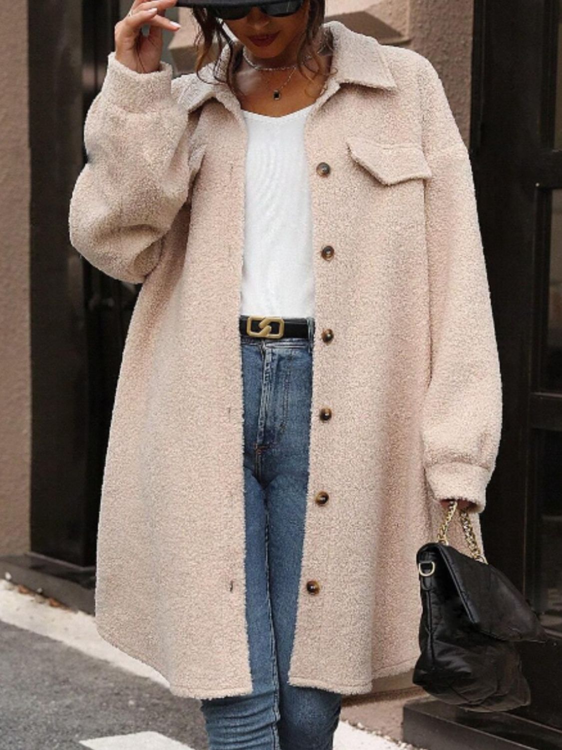 Button Up Drop Shoulder Sherpa Coat