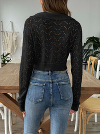 Openwork Collared Neck Long Sleeve Knit Top