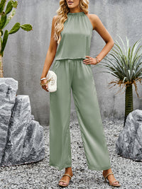 Devine Grecian Neck Sleeveless Pocketed Top and Pants Set