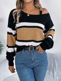 Color Block Asymmetrical Neck Long Sleeve Sweater