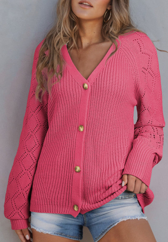 Openwork V-Neck Button Up Cardigan