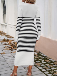 Devine Striped V-Neck Long Sleeve Sweater Dress