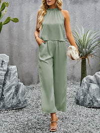 Devine Grecian Neck Sleeveless Pocketed Top and Pants Set